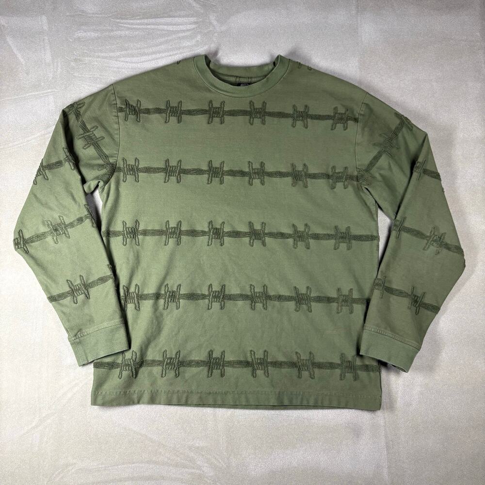 Brain Dead Barbed Wire Print Long Sleeve T Shirt Olive Green Men’s Medium